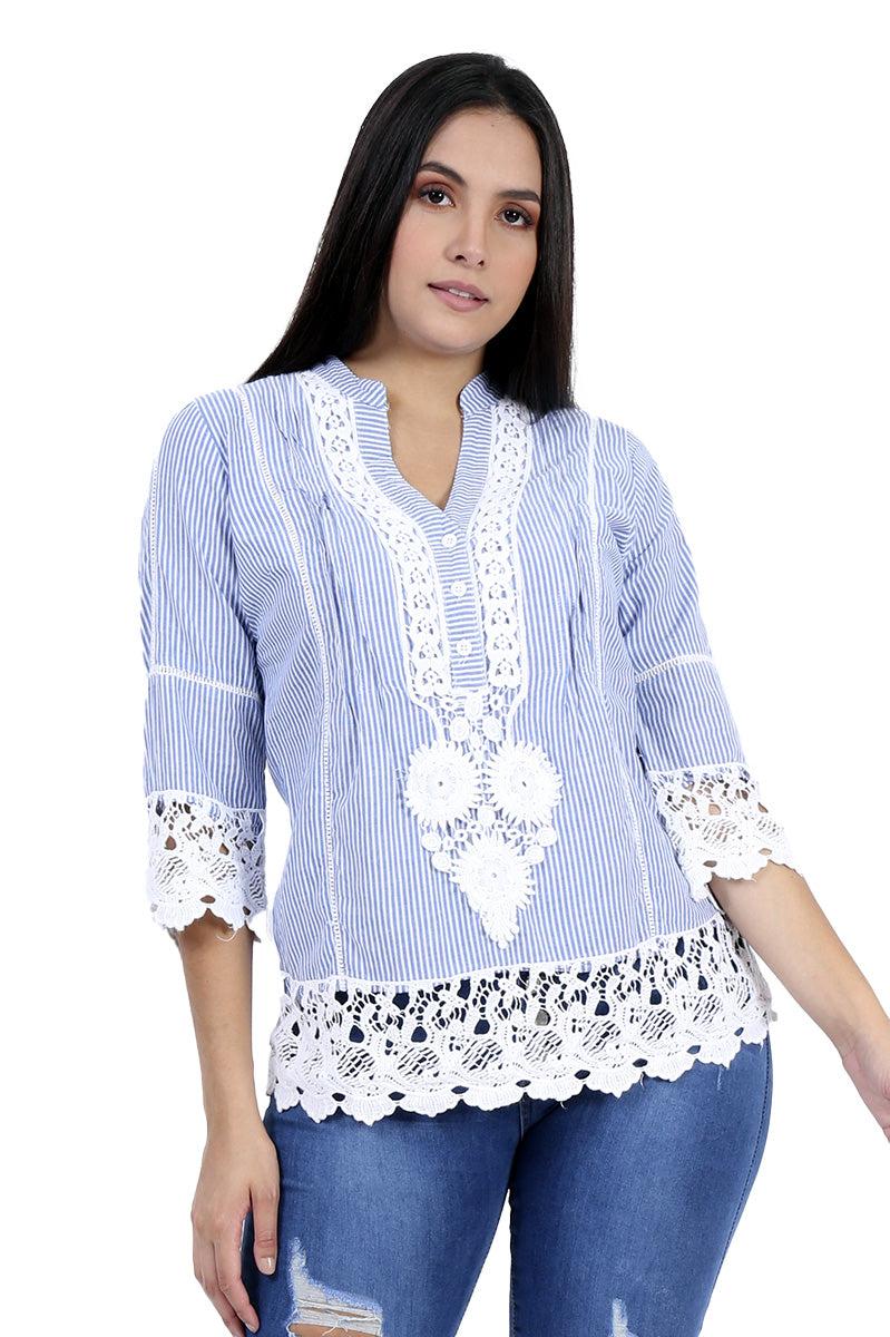 Blusa Con Crochet a Rayas Azul y Blanco